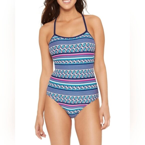 Captiva By Christina Sidari One Piece Swimsuit Strappy Blue Striped Womens XL - Picture 1 of 12